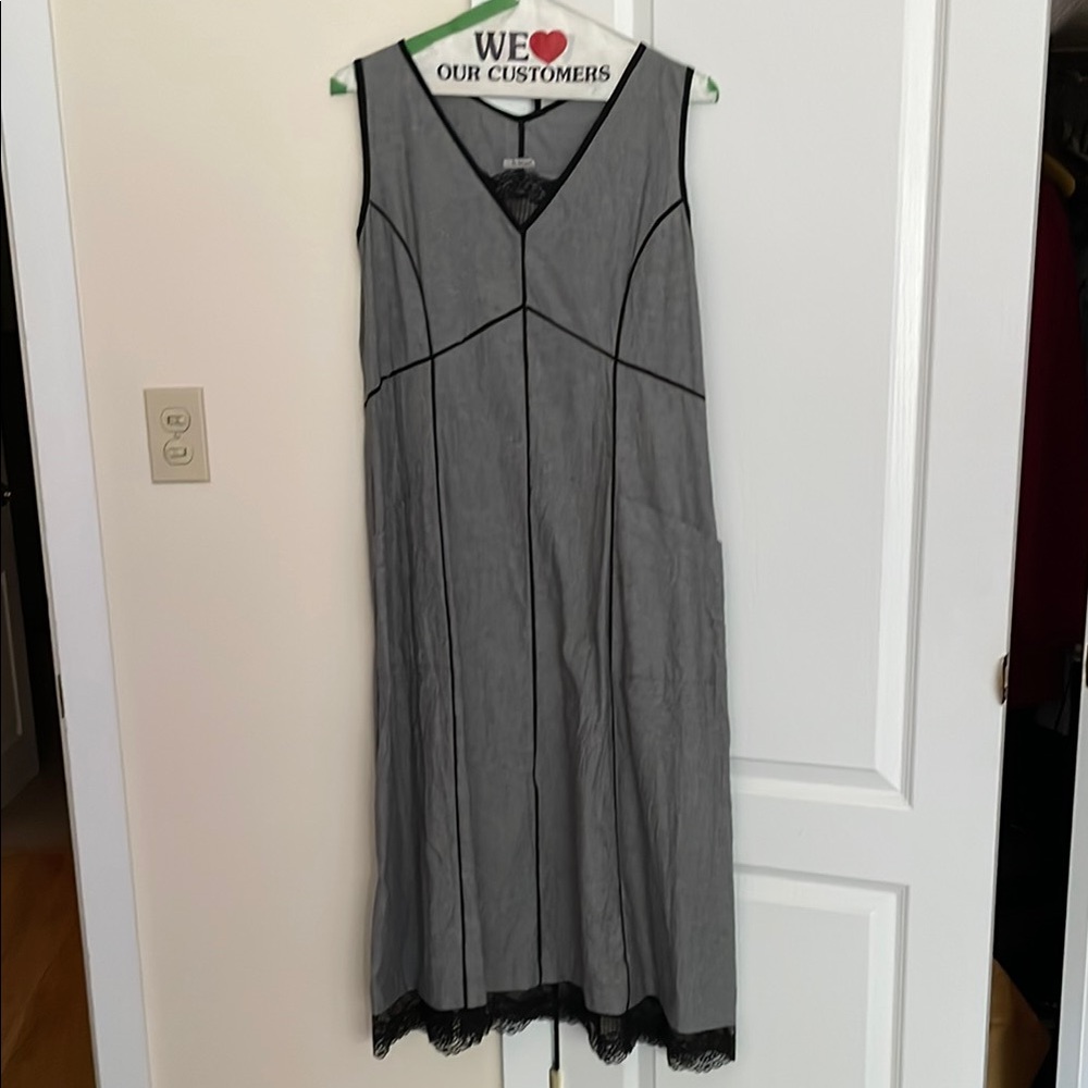 Gray Sleeveless Dress with Black Lace trim and black piping